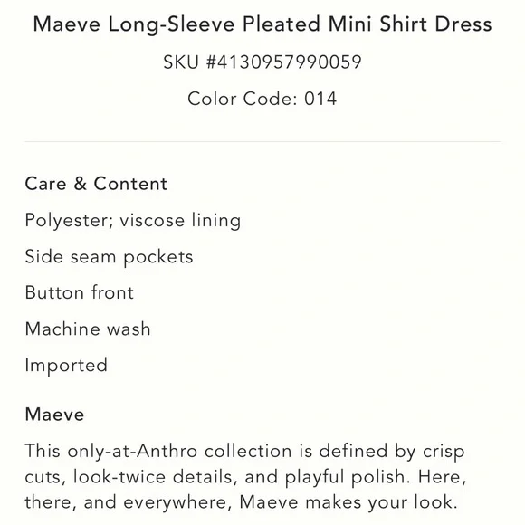 NWT Anthropologie Cream Pleated Stylish Shirt Like Mini Dress Women’s LP - Picture 9 of 16